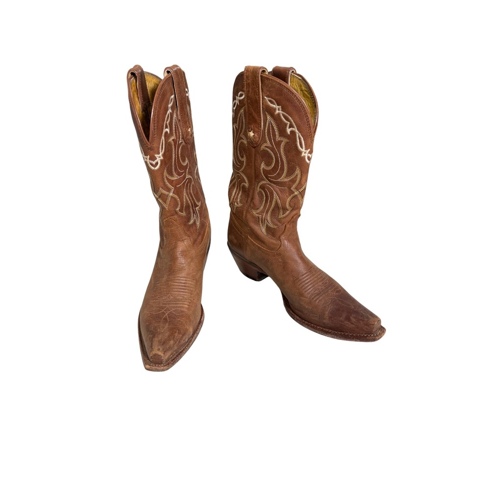 Tony Lama Brown Leather Cowboy Boots Western Embroidered Pointed Toe Size 7
